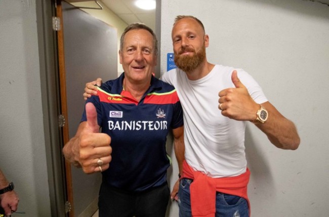 John Meyler celebrates with his son David