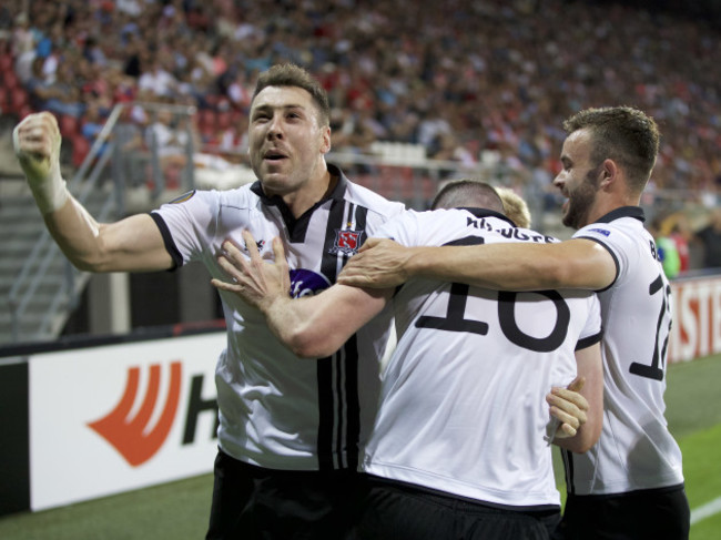 Ciaran Kilduff celebrates scoring the equaliser with Brian Gartland