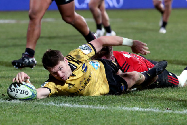 Beauden Barrett grounds it just short of the line