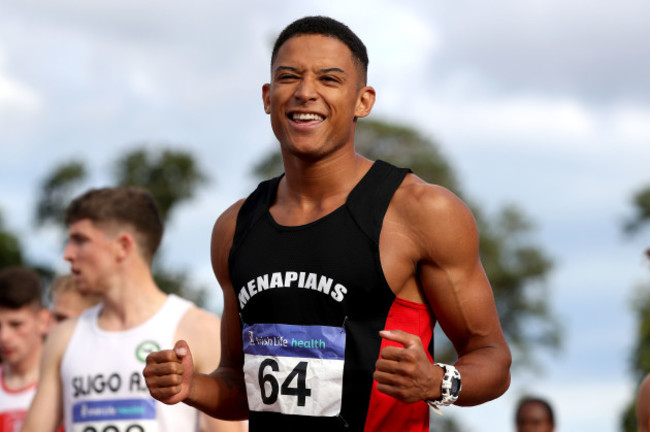 Leon Reid celebrates winning the Men's 100m Final