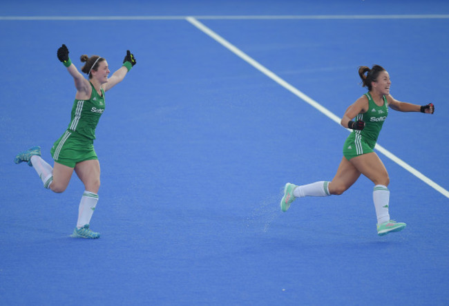 Roisin Upton and Anna O&rsquo;Flanagan celebrate winning the shootout