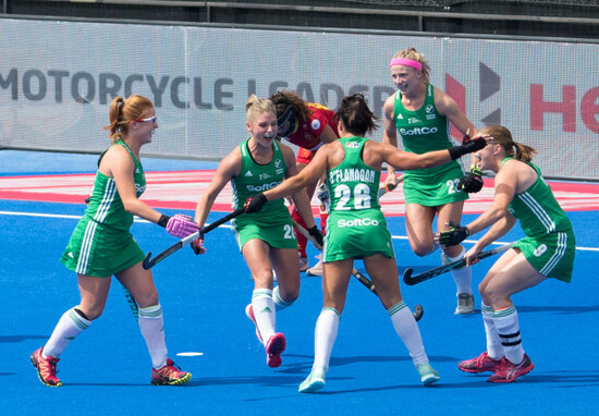 Anna O'Flanagan celebrates scoring their first goal off a penalty corner