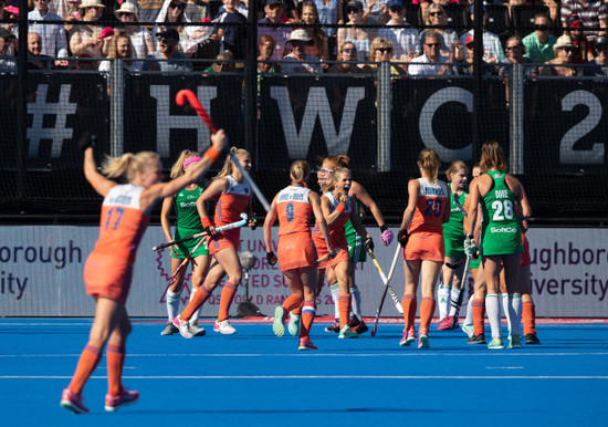 The Netherlands players celebrate Lidewij Welten opening goal