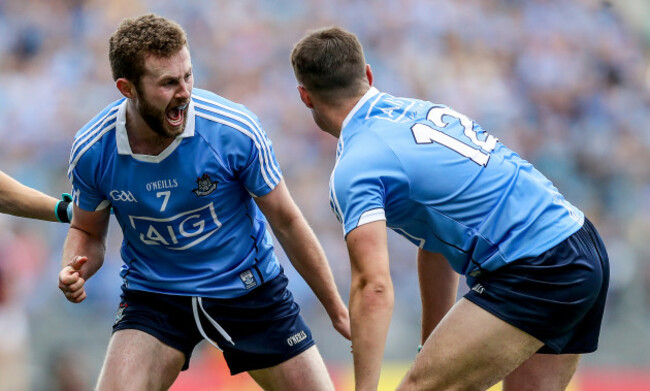Jack McCaffrey celebrates with Brian Howard as his side wins a free