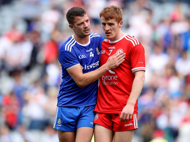 Peter Harte with Ryan Wylie of Monaghan after the game
