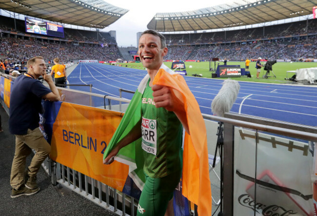 Thomas Barr celebrates finishing third
