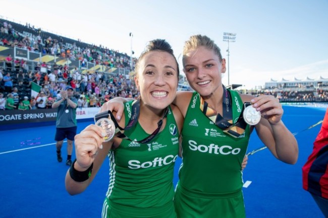 Anna O'Flanagan and Chloe Watkins celebrate with their silver medals