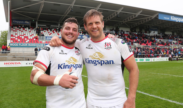 Ulster’s Sean Reidy and Chris Henry celebrate after the match