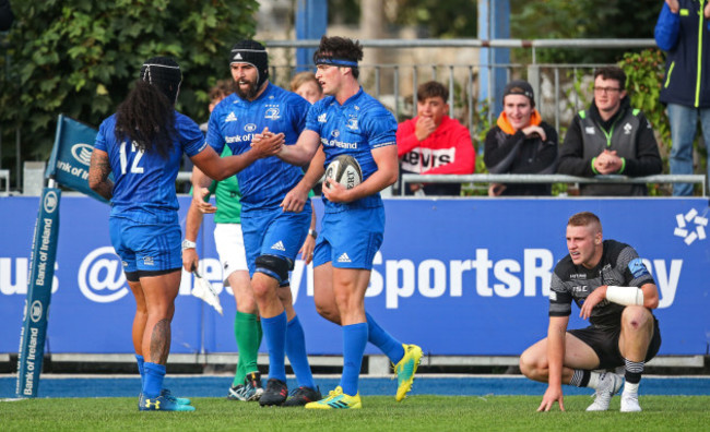 Tom Daly celebrates scoring a try with Joe Tomane and Scott Fardy