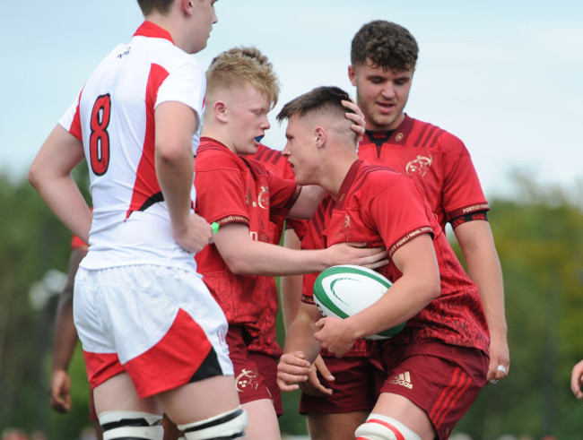 Richard Wallace celebrates his try with Ethan Coughlan