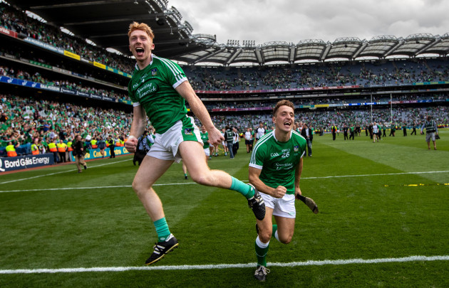 Cian Lynch and Pat Ryan celebrate in front of Hill 16