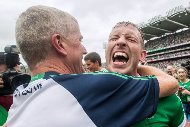 John Kiely celebrates after the game with Shane Dowling