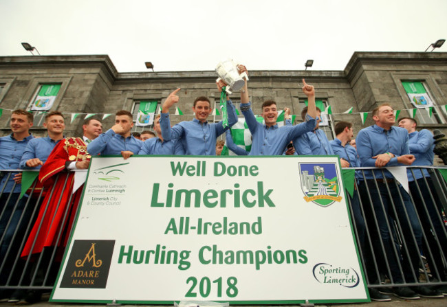 Gearoid Hegarty and Kyle Hayes lift the Liam MacCarthy Cup