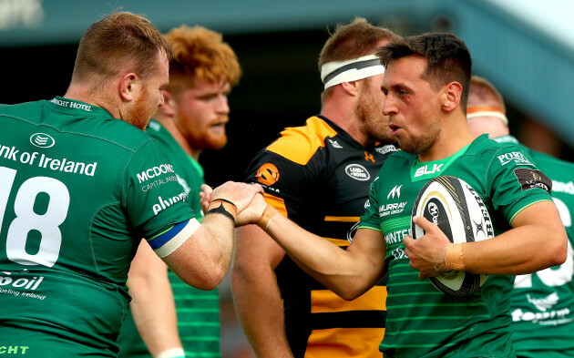 James Mitchell celebrates scoring his sides fifth try with Conor Carey