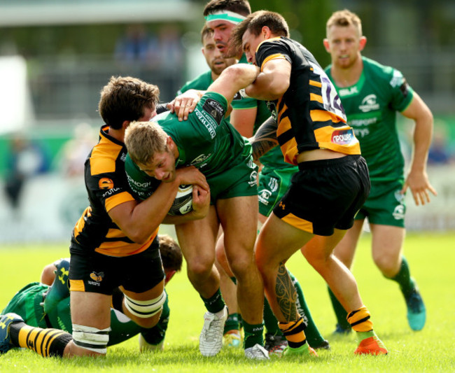 Kyle Godwin tackled by Charlie Matthers and Ambrose Curtis