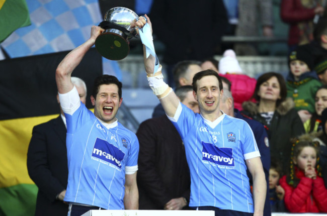 Sean Cavanagh and Colm Cavanagh raise the All Ireland Intermediate trophy