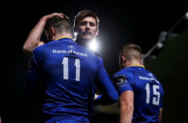 Barry Daly celebrates scoring a try with Ross Byrne