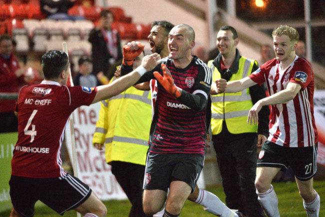 Gerard Doherty celebrates saving a last minute penalty with teammates