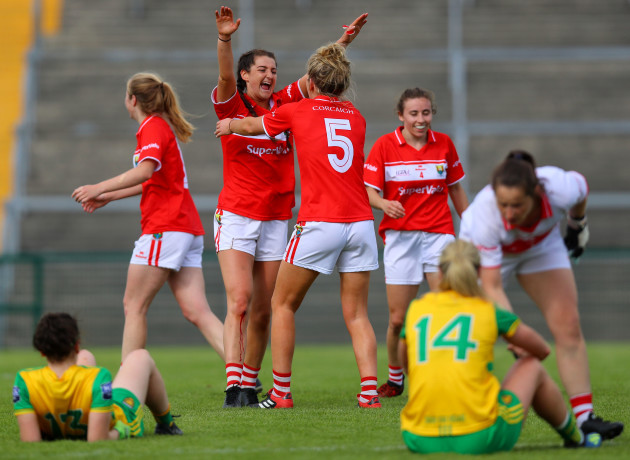 Eimear Meaney celebrates at the final whistle with Maire O'Callaghan
