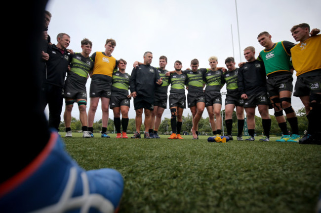 A view of the Irish Qualified Rugby team huddle after the game