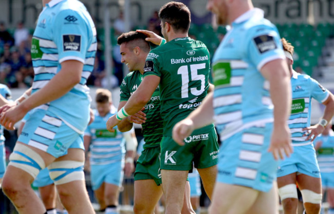 Cian Kelleher celebrates scoring his sides opening try with Tiernan O’Halloran