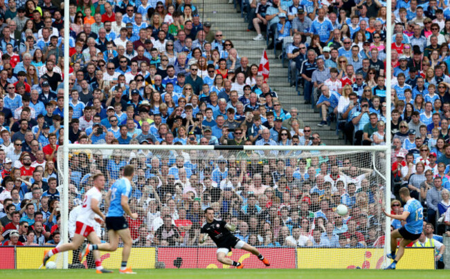 Paul Mannion scores a first half penalty past goalkeeper Niall Morgan