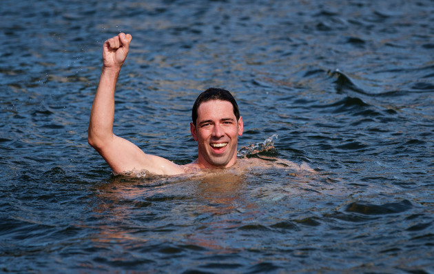 Paul O'Flynn celebrates winning the 99th Dublin City Liffey Swim