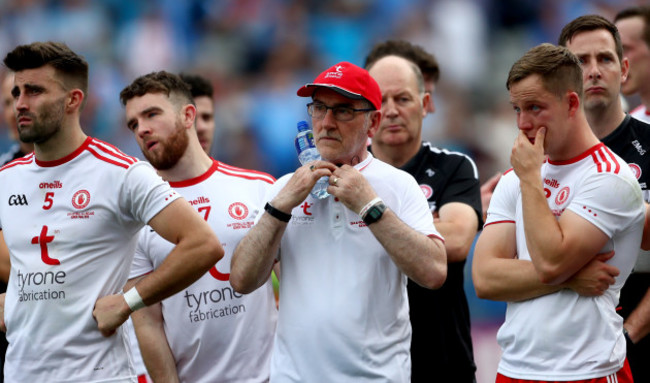 Tiernan McCann, manager Mickey Harte and Kieran McGeary dejected