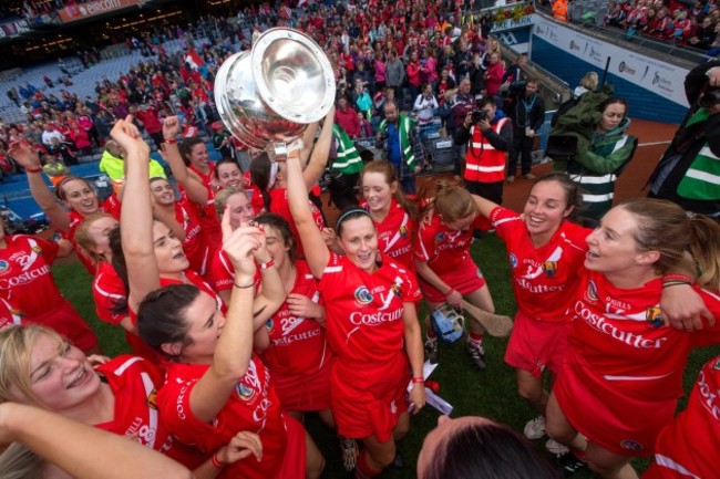 Goalkeeper Aoife Murray celebrates with the O'Duffy Cup