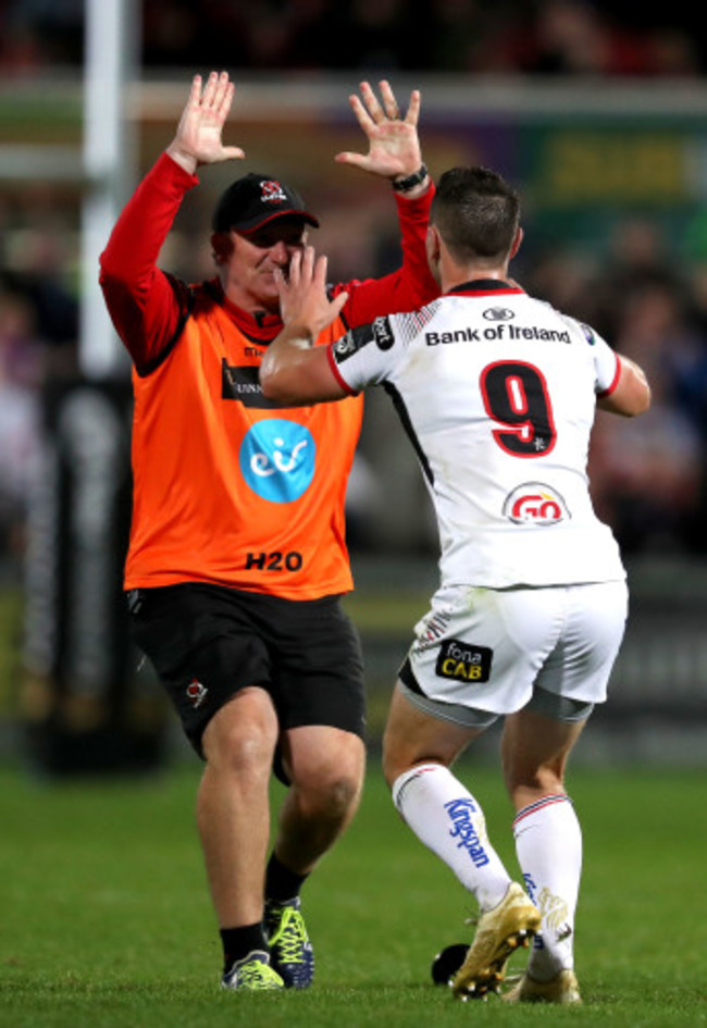 John Cooney celebrates scoring the winning penalty with Dan Soper