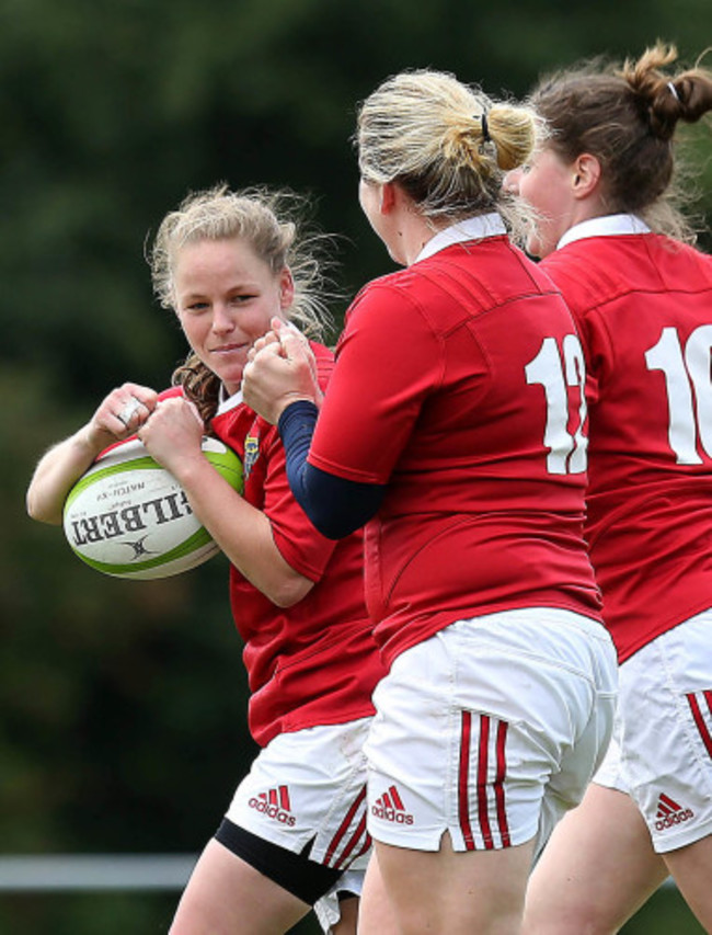 Niamh Briggs celebrates her try with Nicole Cronin