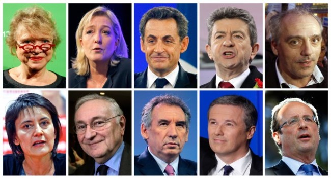 From top left, Environmental candidate Eva Joly, far-right candidate Marine le Pen, conservative and current President Nicolas Sarkozy, leftist candidate Jean-Luc Melenchon, anti-capitalist candidate Philippe Poutou, Nathalie Artaud of the Workers' Struggle movement, independent Jacques Cheminade, centrist Francois Bayrou, Gaullist Nicolas Dupont-Aignan and Socialist Party candidate Francois Hollande.