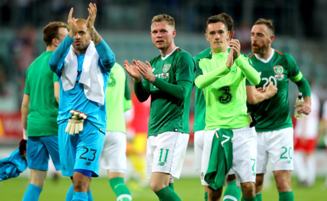 Darren Randolph, Aiden O'Brien and Shaun Williams after the game