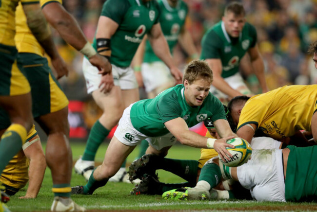 Kieran Marmion goes over for a try that was later disallowed