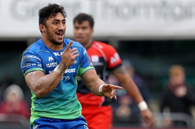 Bundee Aki celebrates scoring a try