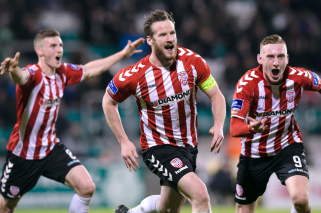 Ryan McBride celebrates scoring a a goal