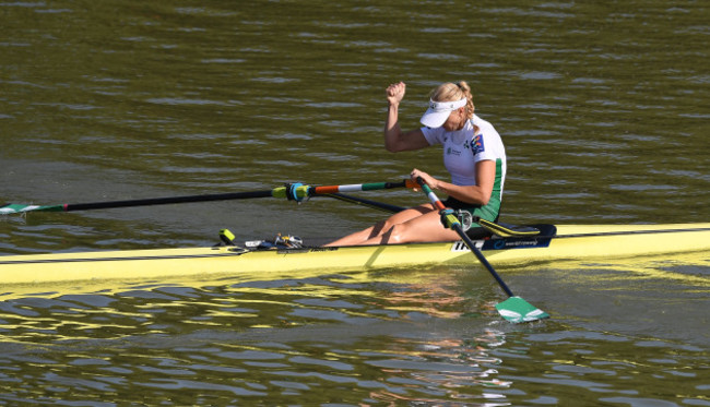 Sanita Puspure celebrates finishing 1st in 07:23.010