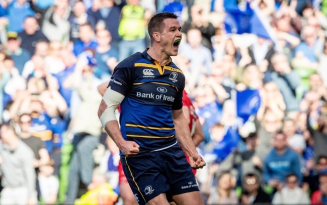 Jonathan Sexton celebrates scoring a try