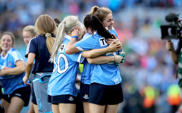 Sinead Finnegan and Sinead Goldrick celebrate at the final whistle