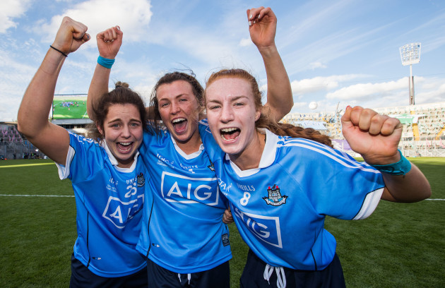 Katie Murray celebrates after the game with Leah Caffrey and Lauren Magee