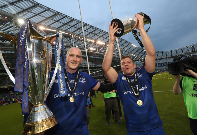 Leinster's Devin Toner and Jordi Murphy  after the match