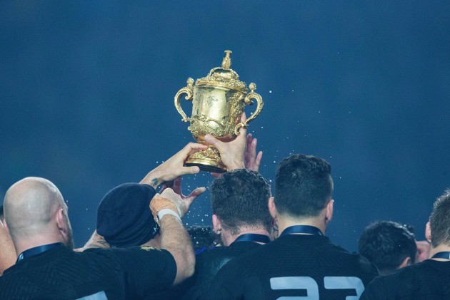 The All Blacks celebrate with the Webb Ellis cup