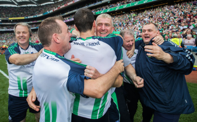 John Kiely celebrates with his backroom team at the final whistle