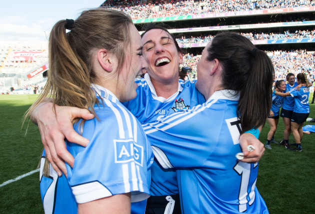 Deirdre Murphy, Siobhan McGrath and Lyndsey Davey celebrate after the game