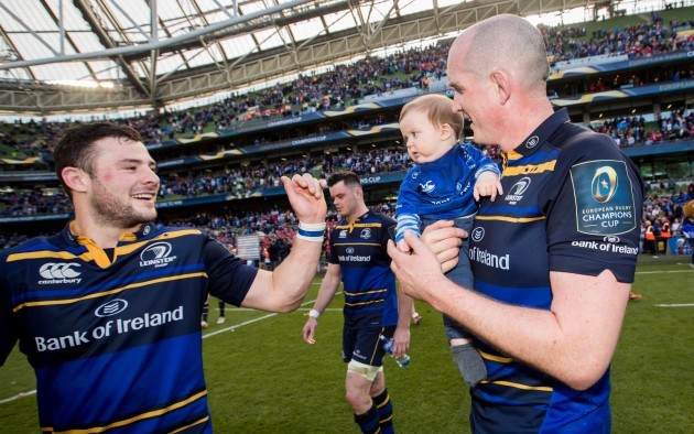 Devin Toner celebrates with his son Max and Robbie Henshaw after the game