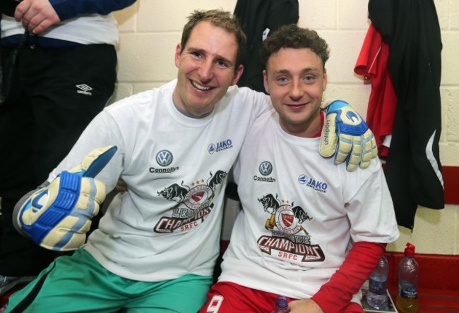 Gary Rogers and Mark Quigley celebrate after the game