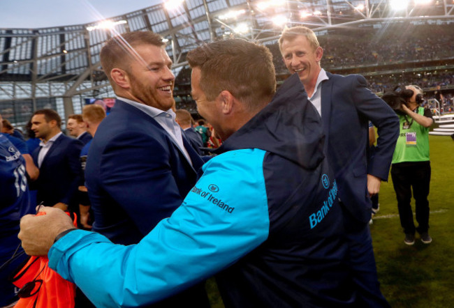 Sean O'Brien, John Fogarty and head coach Leo Cullen celebrate