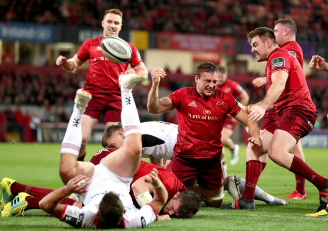 Tommy O’Donnell celebrates scoring his second try of the game