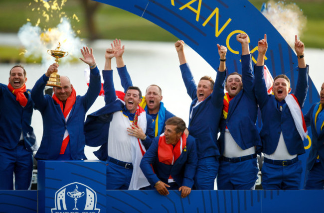 Team Europe captain Thomas Bjorn lifts the Ryder Cup