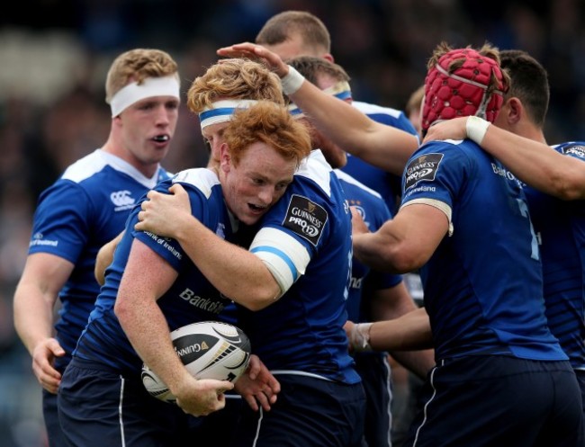 Cathal Marsh celebrates his try with Dan Leavy